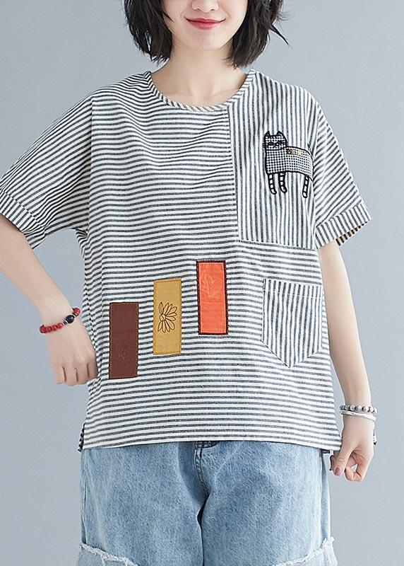 Boho Grey Striped Appliques Cotton Linen Tops Summer - Omychic