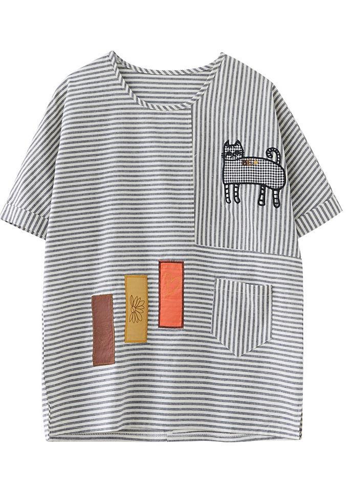Boho Grey Striped Appliques Cotton Linen Tops Summer - Omychic