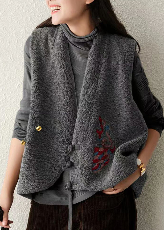 Boho Grey V Neck Chinese Button Patchwork Wool Vest Sleeveless