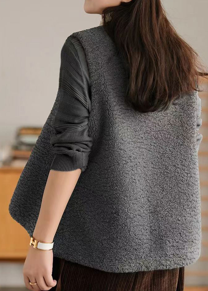 Boho Grey V Neck Chinese Button Patchwork Wool Vest Sleeveless
