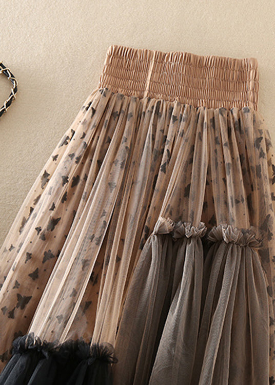 Boho Khaki Asymmetrical Print Tulle Skirts Spring