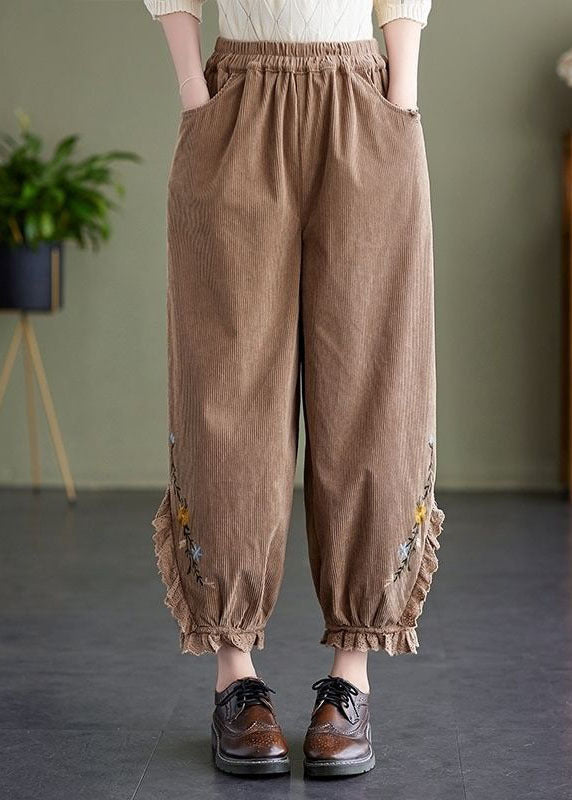 Boho Khaki Embroideried Patchwork Lace Warm Fleece Corduroy Crop Pants Spring