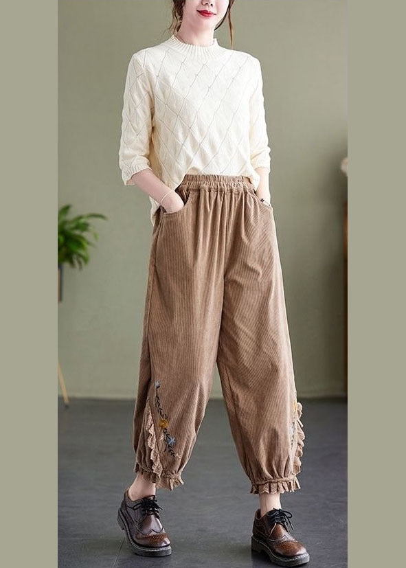 Boho Khaki Embroideried Patchwork Lace Warm Fleece Corduroy Crop Pants Spring