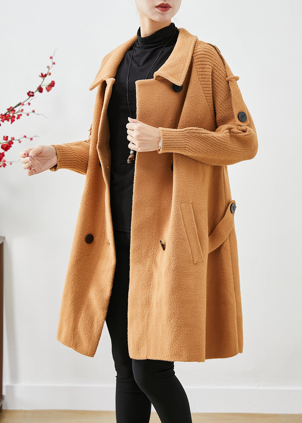Boho Light Camel Double Breast Patchwork Knit Woolen Trench Coats Fall
