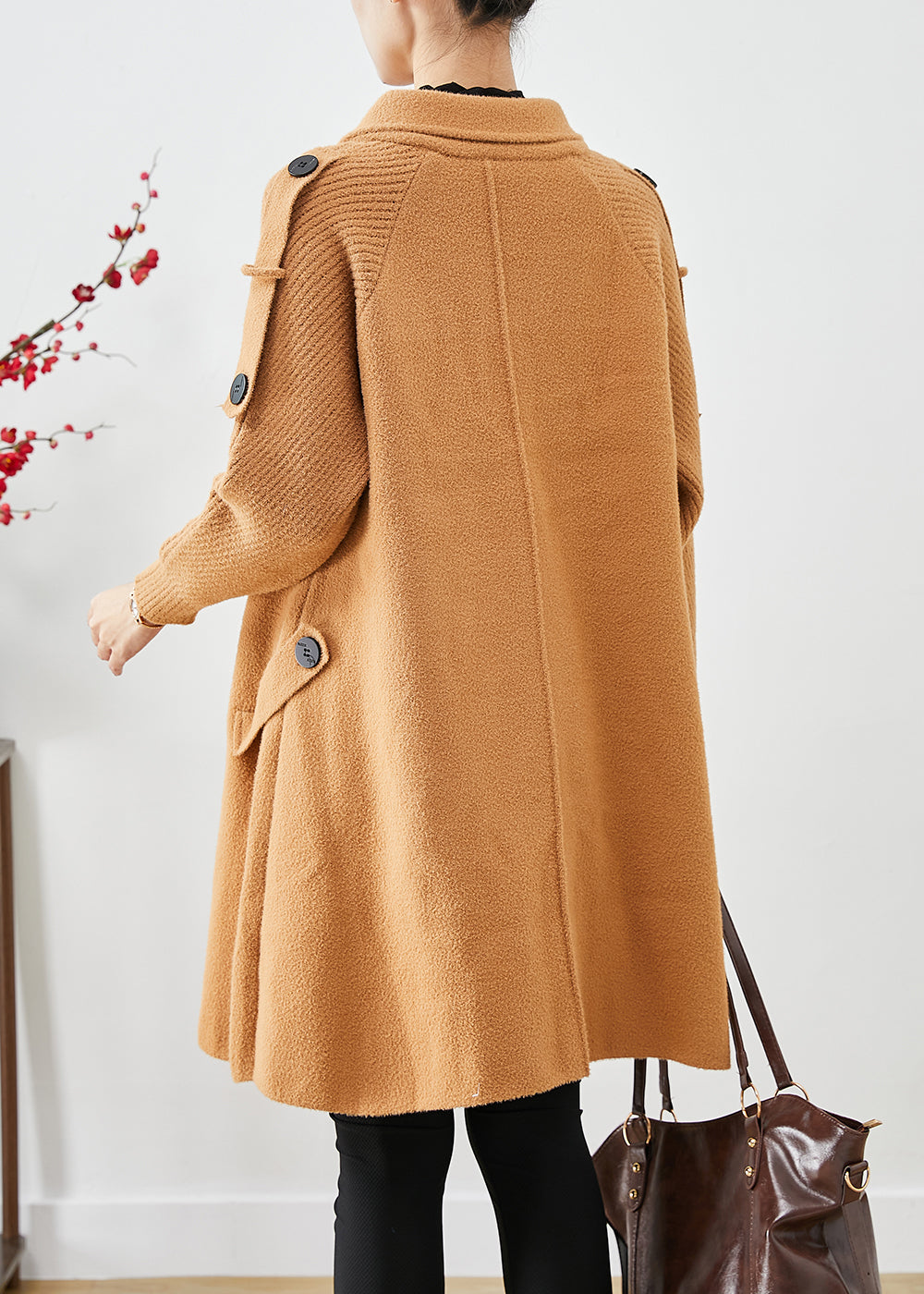 Boho Light Camel Double Breast Patchwork Knit Woolen Trench Coats Fall