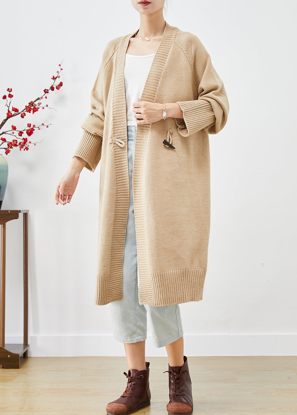 Boho Light Camel Oversized Horn Button Knit Loose Coat Fall