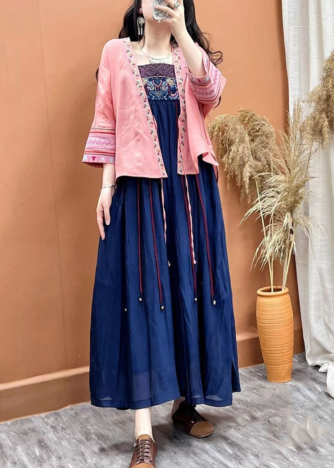 Boho Navy Embroideried Patchwork Linen Spaghetti Strap Dress Sleeveless