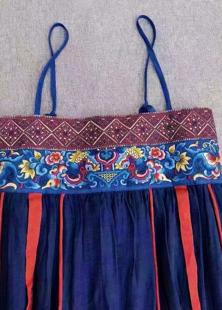 Boho Navy Embroideried Patchwork Linen Spaghetti Strap Dress Sleeveless