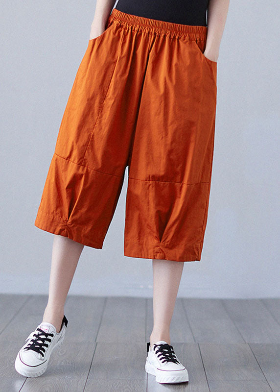 Boho Orange Elastic Waist Patchwork Pockets Solid Color Cotton Shorts Summer