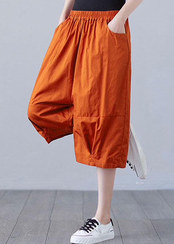 Boho Orange Elastic Waist Patchwork Pockets Solid Color Cotton Shorts Summer