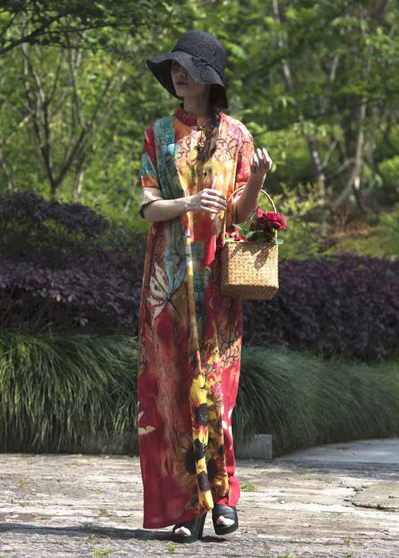 Boho Original Stand Collar Print Linen Long Dresses Spring