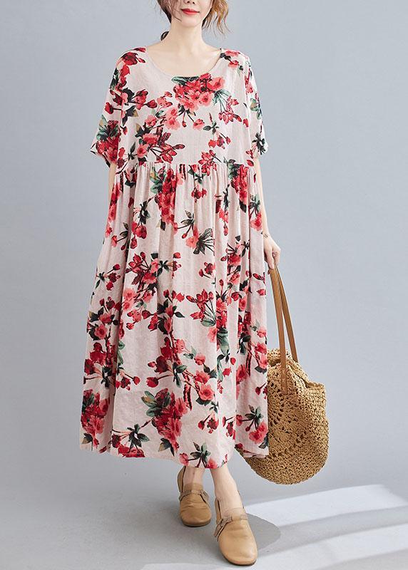 Boho Pink  Floral  O-Neck Patchwork Summer Half Sleeve Dresses - Omychic