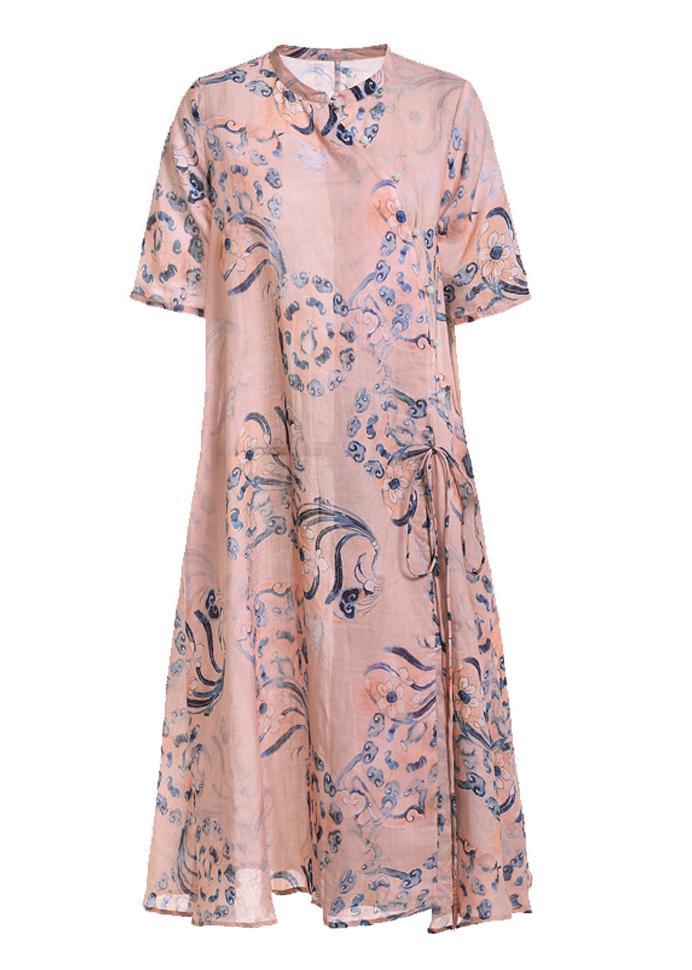 Boho Pink Print  Tie Waist Patchwork Summer Ramie Long Dress Short Sleeve - Omychic