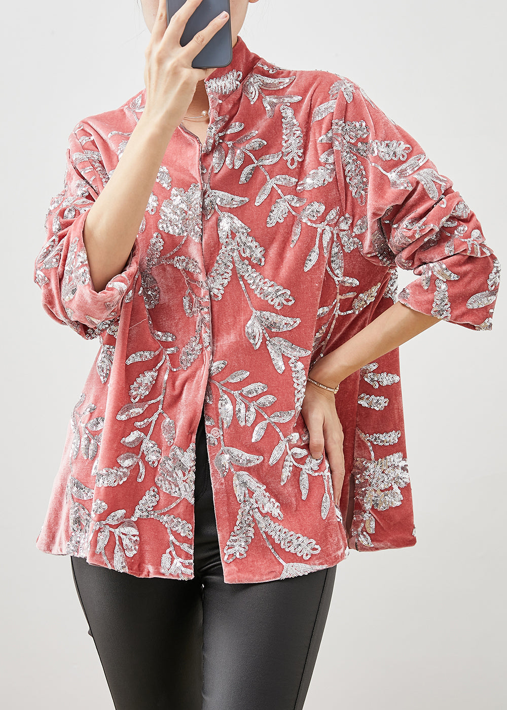 Boho Pink Stand Collar Leaf Sequins Silk Velour Shirt Spring