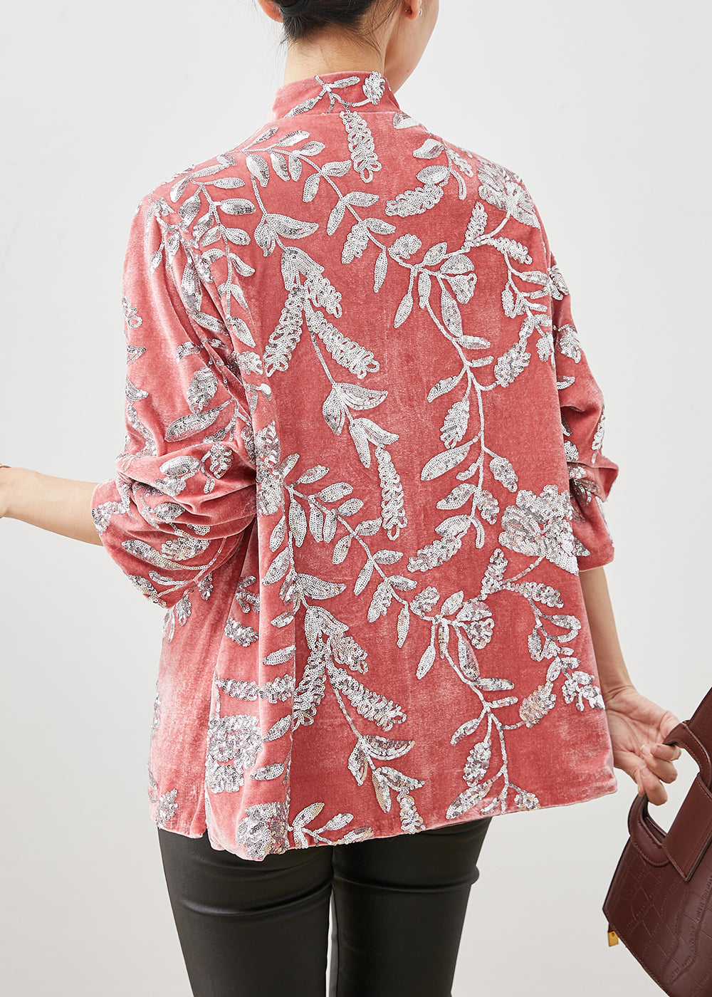 Boho Pink Stand Collar Leaf Sequins Silk Velour Shirt Spring