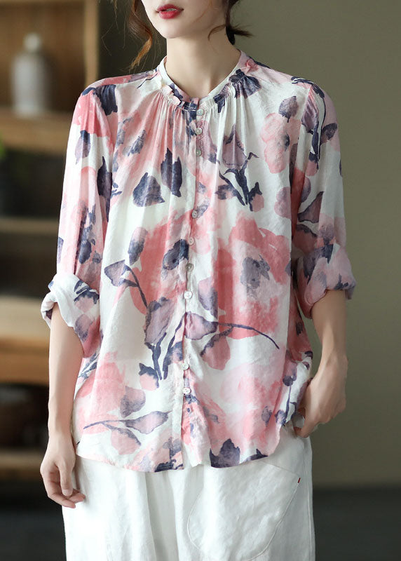 Boho Pink Stand Collar Print Patchwork Cotton Shirt Tops Long Sleeve