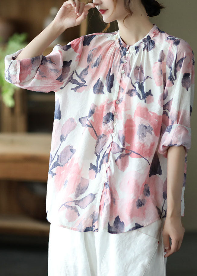 Boho Pink Stand Collar Print Patchwork Cotton Shirt Tops Long Sleeve