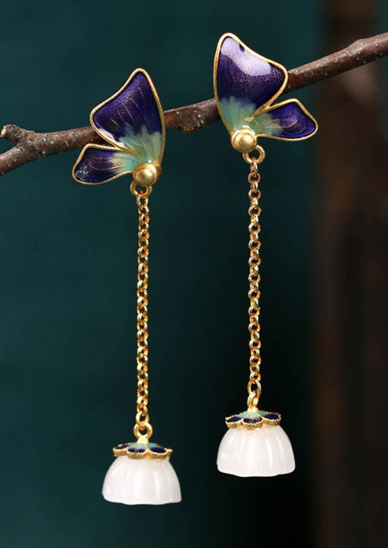 Boho Purple Ancient Gold Enamel Jade Butterfly Drop Earrings