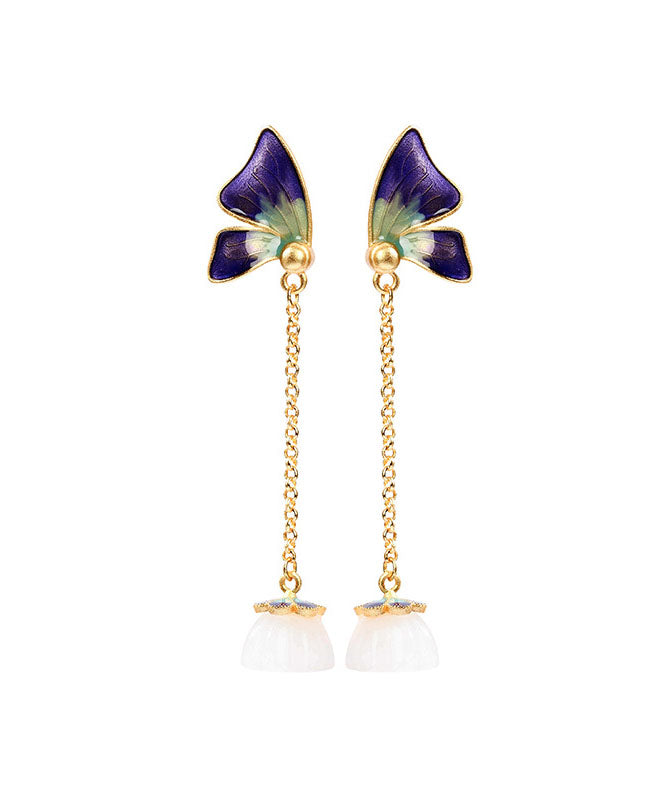 Boho Purple Ancient Gold Enamel Jade Butterfly Drop Earrings