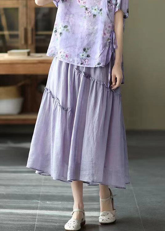 Boho Purple Elastic Waist Asymmetrical Ruffled Pockets Linen Skirt Summer