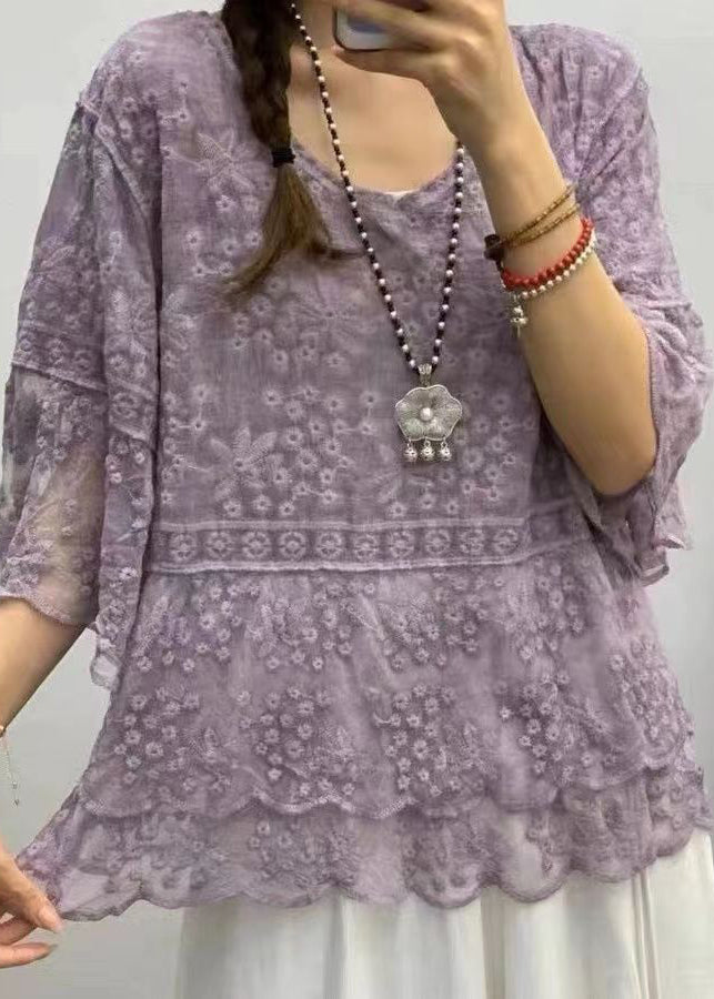 Boho Purple O Neck Embroideried Lace Blouses Bracelet Sleeve