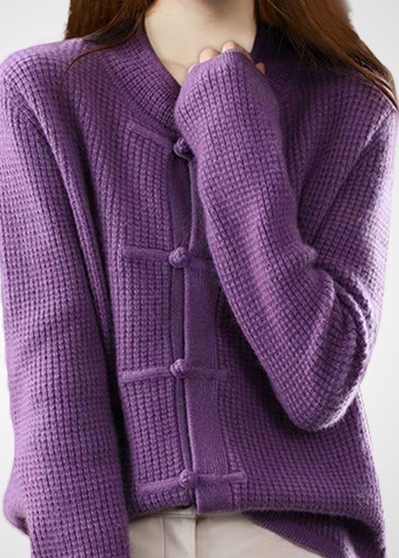 Boho Purple O-Neck Oriental Button Wool Knit Cardigans Winter