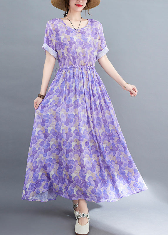 Boho Purple O-Neck Print Patchwork Cotton Long Dress Short Sleeve