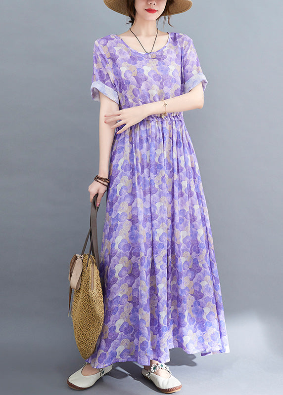 Boho Purple O-Neck Print Patchwork Cotton Long Dress Short Sleeve