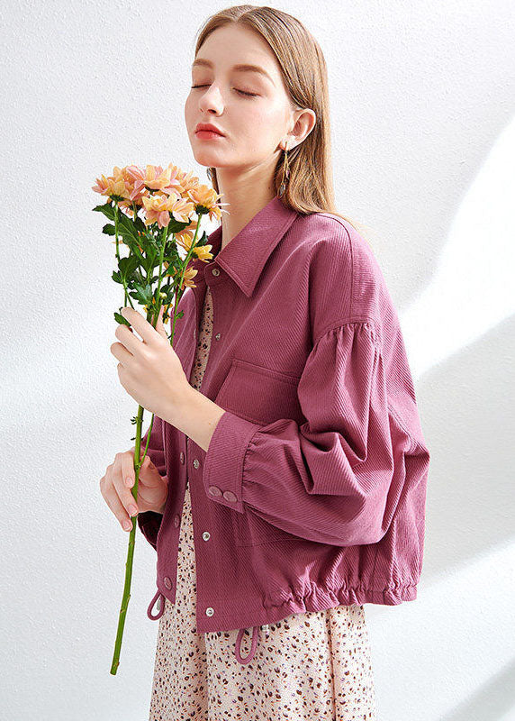 Boho Purple Red Peter Pan Collar Drawstring Pockets Cotton Coat Spring