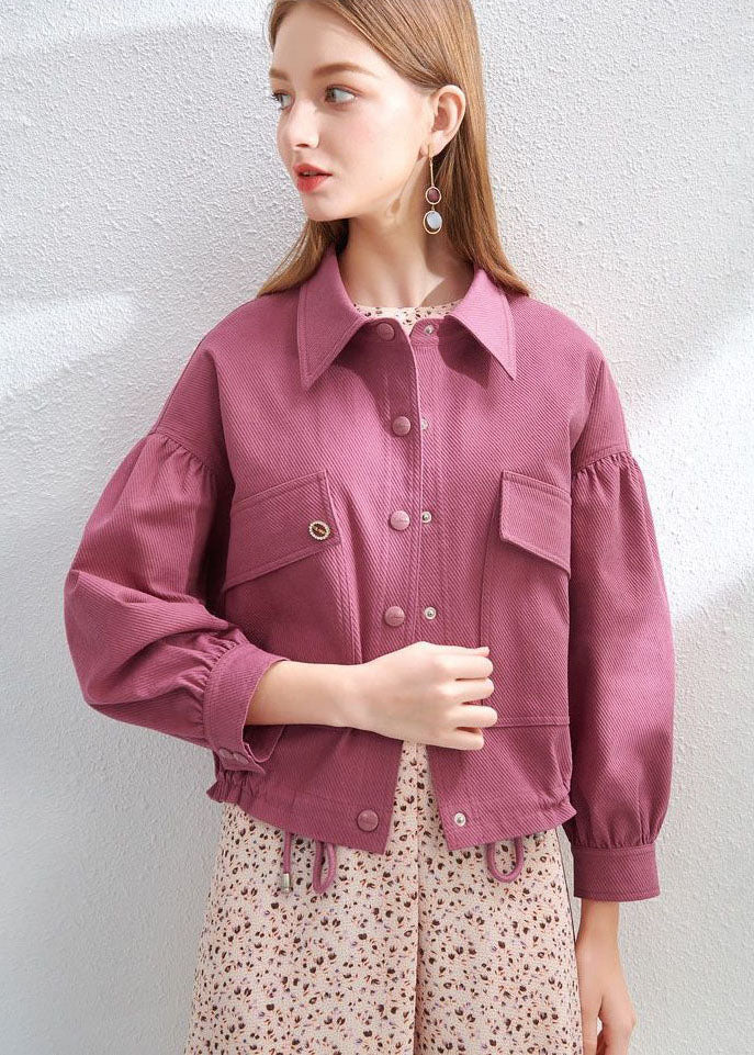 Boho Purple Red Peter Pan Collar Drawstring Pockets Cotton Coat Spring