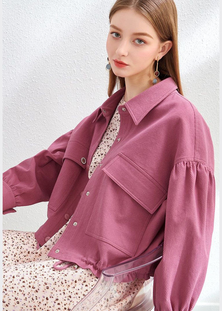 Boho Purple Red Peter Pan Collar Drawstring Pockets Cotton Coat Spring