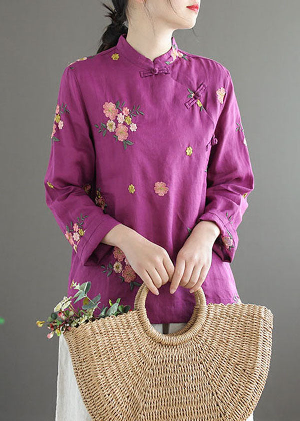 Boho Purple Stand Collar Embroideried Patchwork Cotton Top Spring