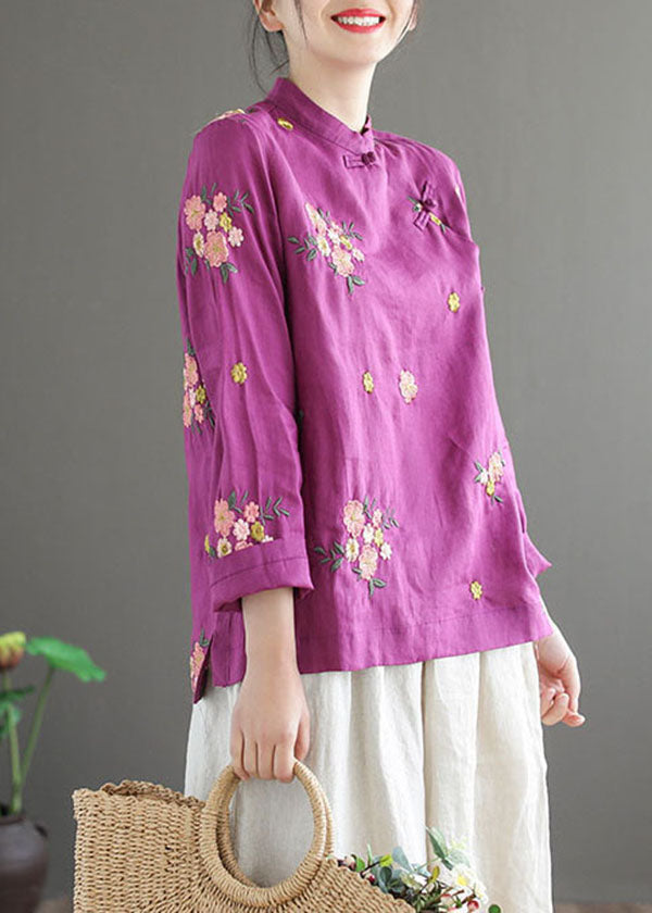 Boho Purple Stand Collar Embroideried Patchwork Cotton Top Spring