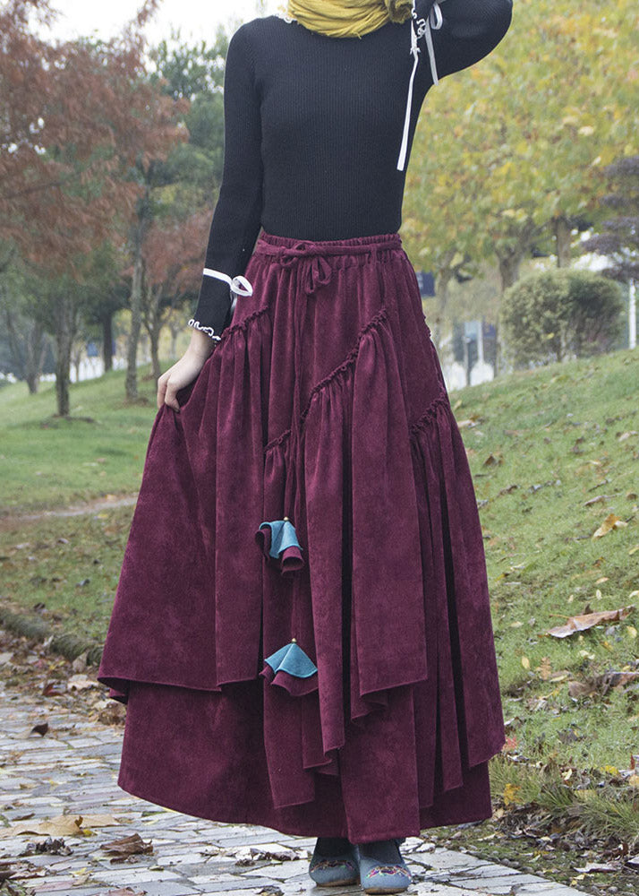 Boho Purple Wrinkled Asymmetrical Patchwork Corduroy Skirts Fall