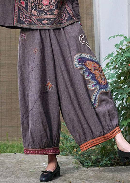 Boho Purple retro Embroideried Oriental lantern Casual Fall Pants Trousers - Omychic
