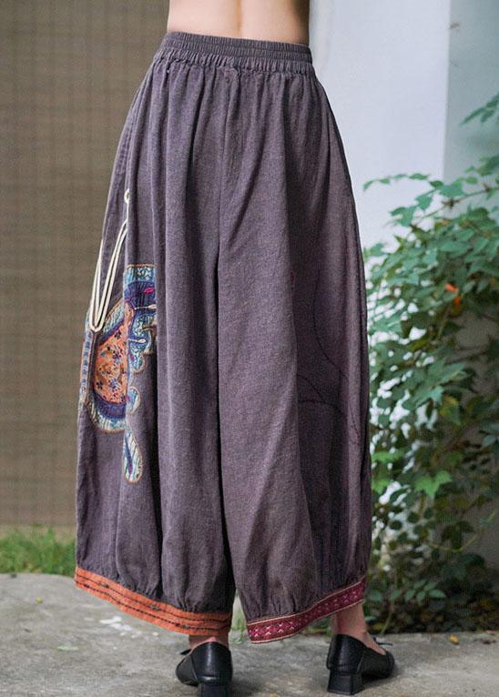 Boho Purple retro Embroideried Oriental lantern Casual Fall Pants Trousers - Omychic