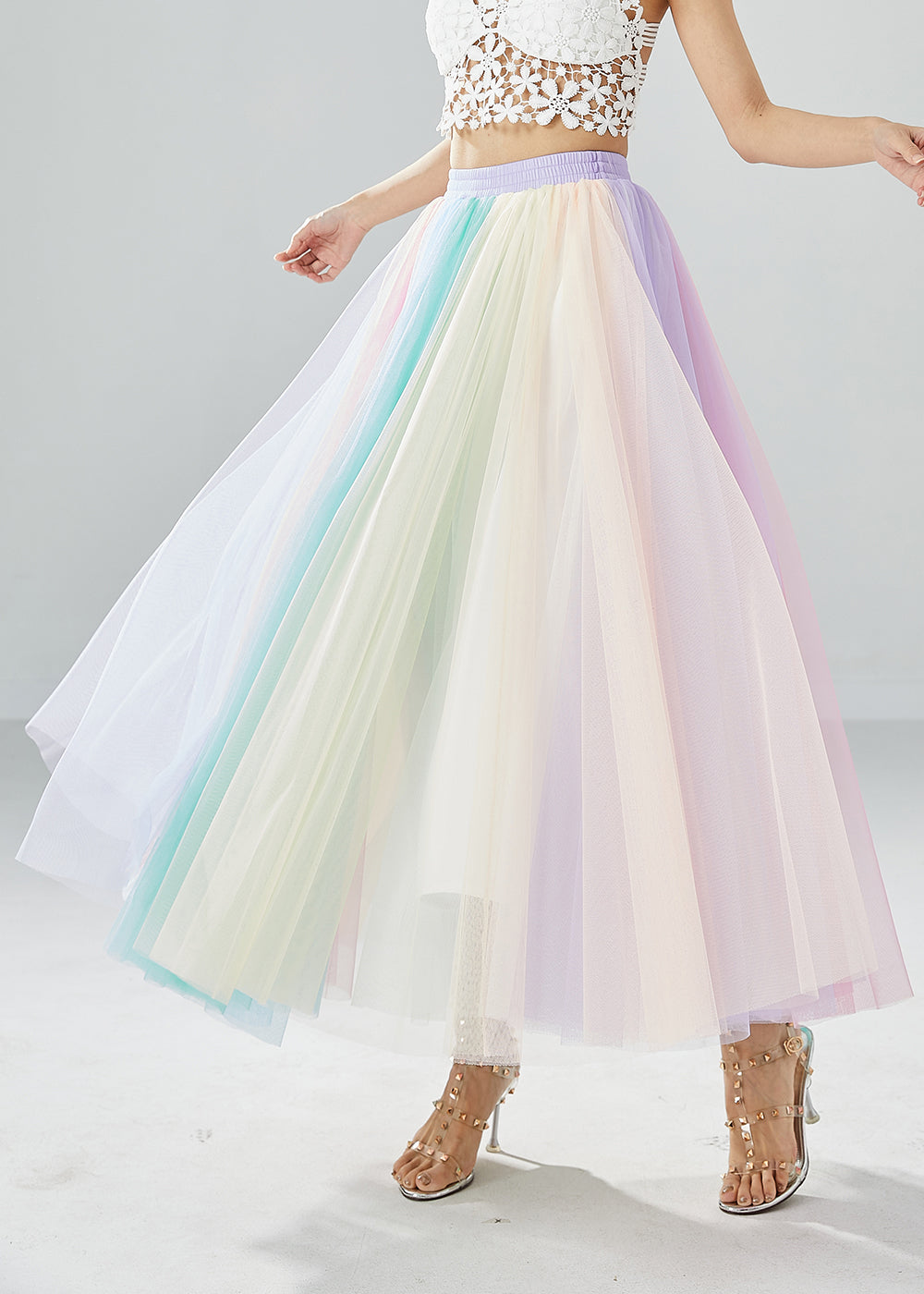 Boho Rainbow Elastic Waist Exra Large Hem Tulle Pleated Skirts Summer