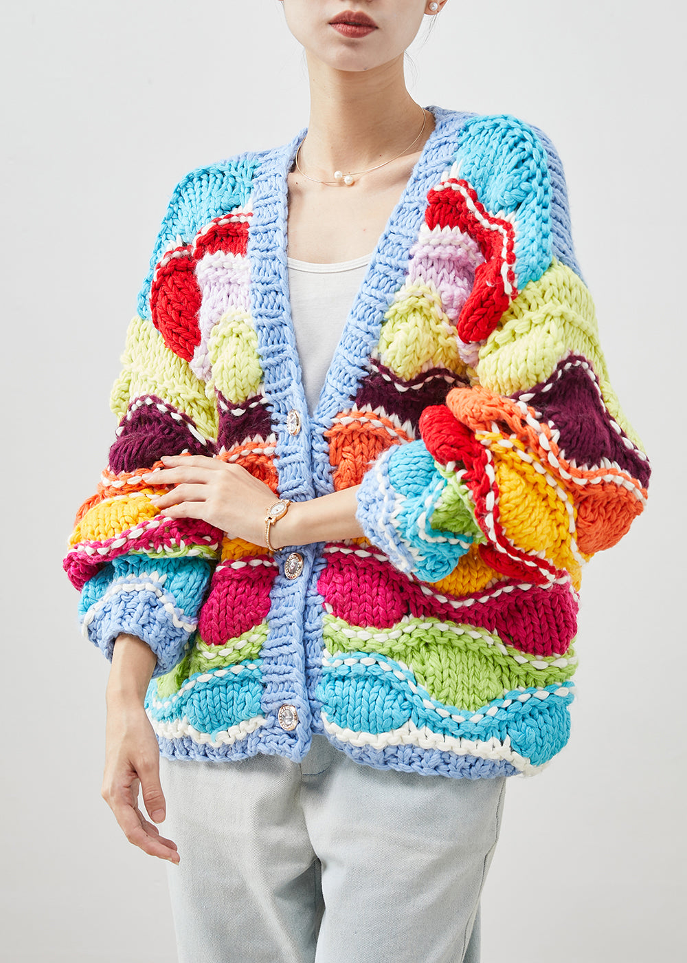 Boho Rainbow Oversized Patchwork Knit Cardigan Spring
