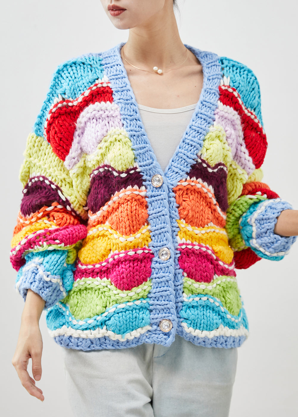 Boho Rainbow Oversized Patchwork Knit Cardigan Spring