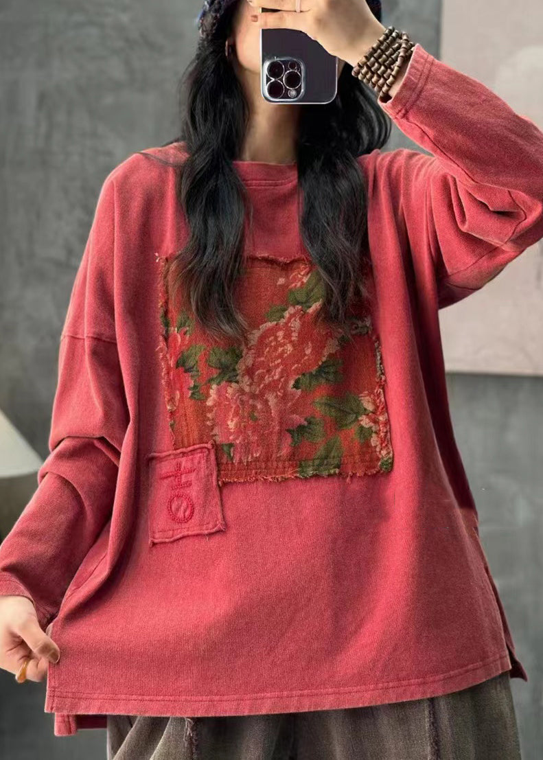 Boho Red O Neck Applique Cotton T Shirt Tops Long Sleeve