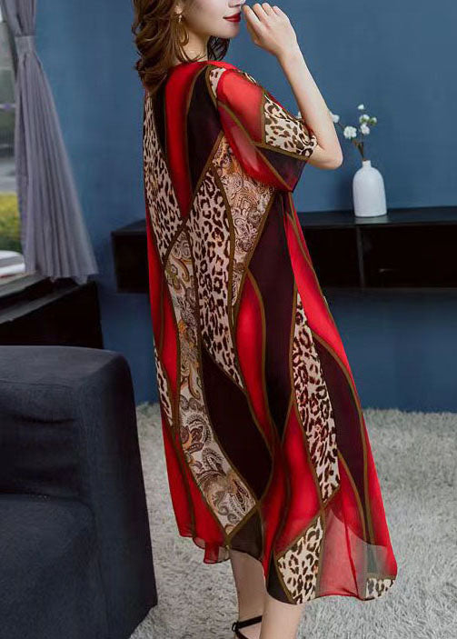 Boho Red O Neck Leopard Print Patchwork Chiffon Dress Summer