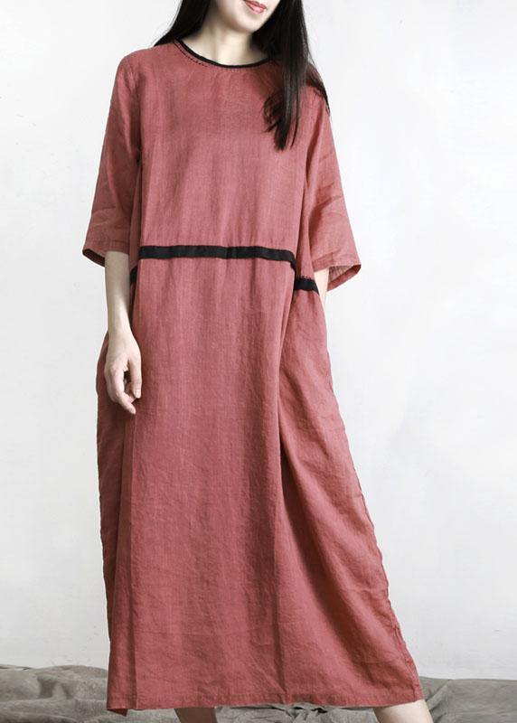 Boho Red Patchwork Linen O-Neck Summer Ankle Dress - Omychic