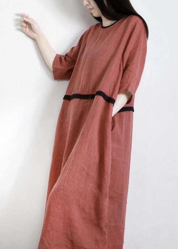 Boho Red Patchwork Linen O-Neck Summer Ankle Dress - Omychic