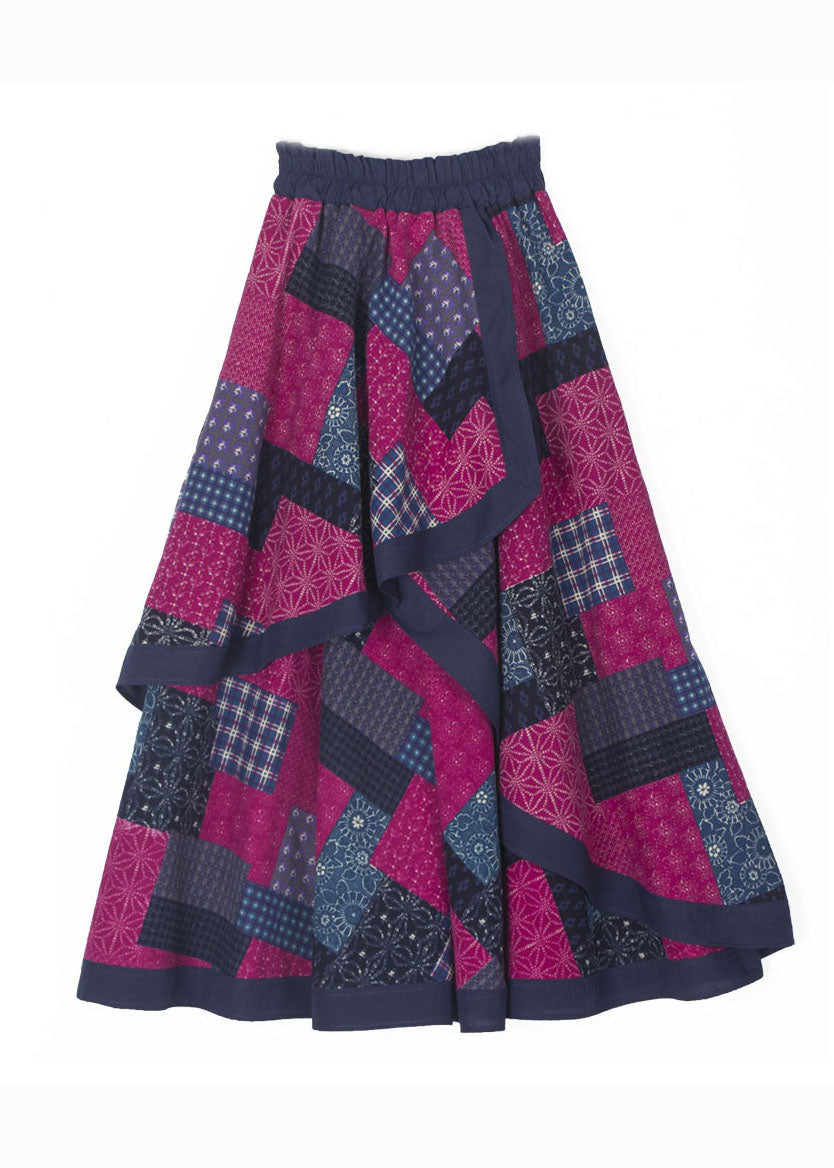 Boho Red Plaid Wrinkled Asymmetrical Patchwork Linen Skirts Fall