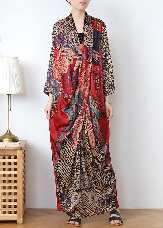 Boho Red Print Asymmetrical Design Robe Summer Chiffon Dress - Omychic