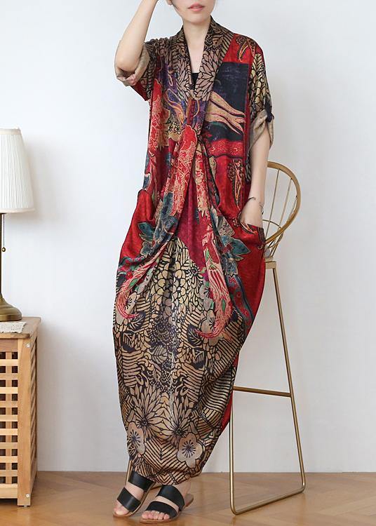 Boho Red Print Asymmetrical Design Robe Summer Chiffon Dress - Omychic