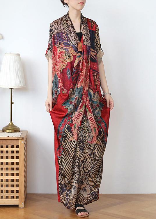 Boho Red Print Asymmetrical Design Robe Summer Chiffon Dress - Omychic