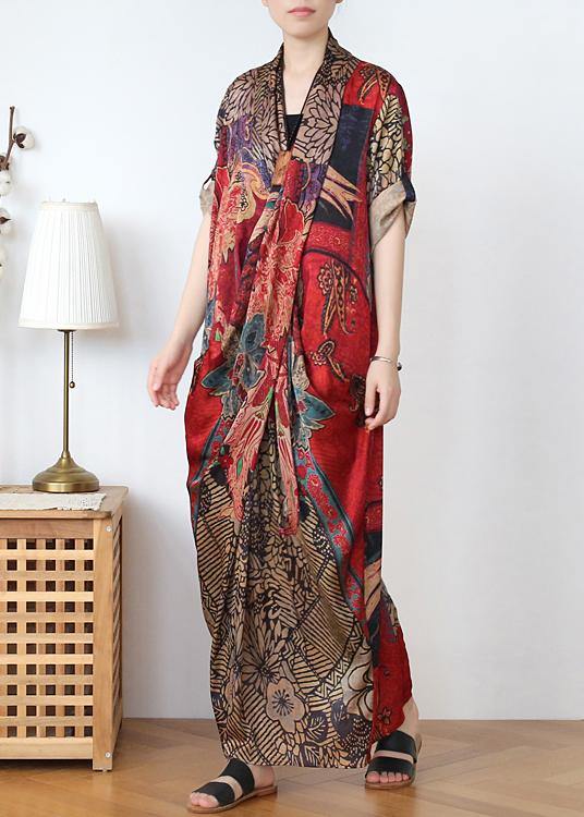 Boho Red Print Asymmetrical Design Robe Summer Chiffon Dress - Omychic