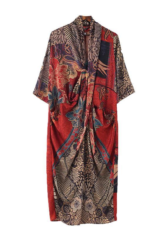 Boho Red Print Asymmetrical Design Robe Summer Chiffon Dress - Omychic