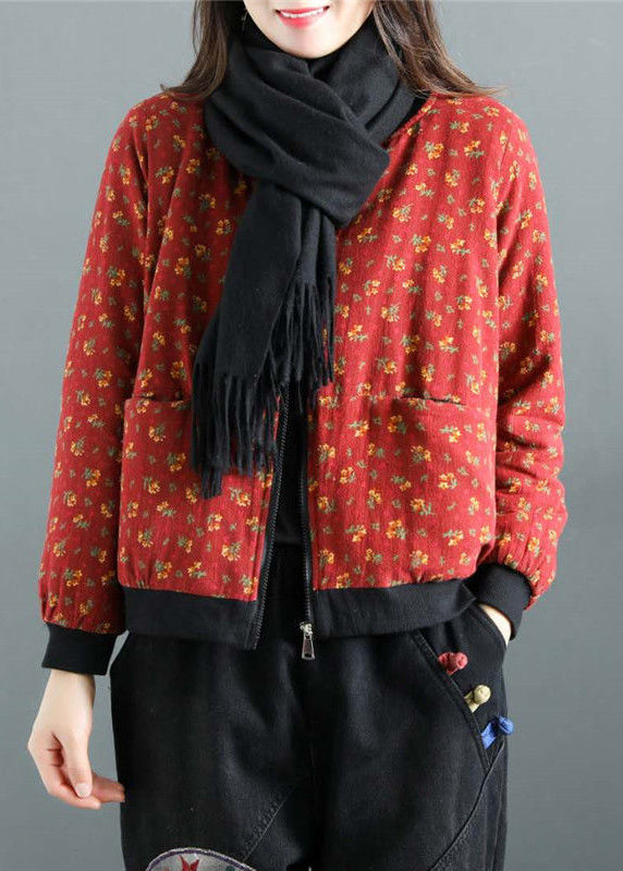 Boho Red Print Zip Up Pockets Patchwork Fine Cotton Filled Witner Coats